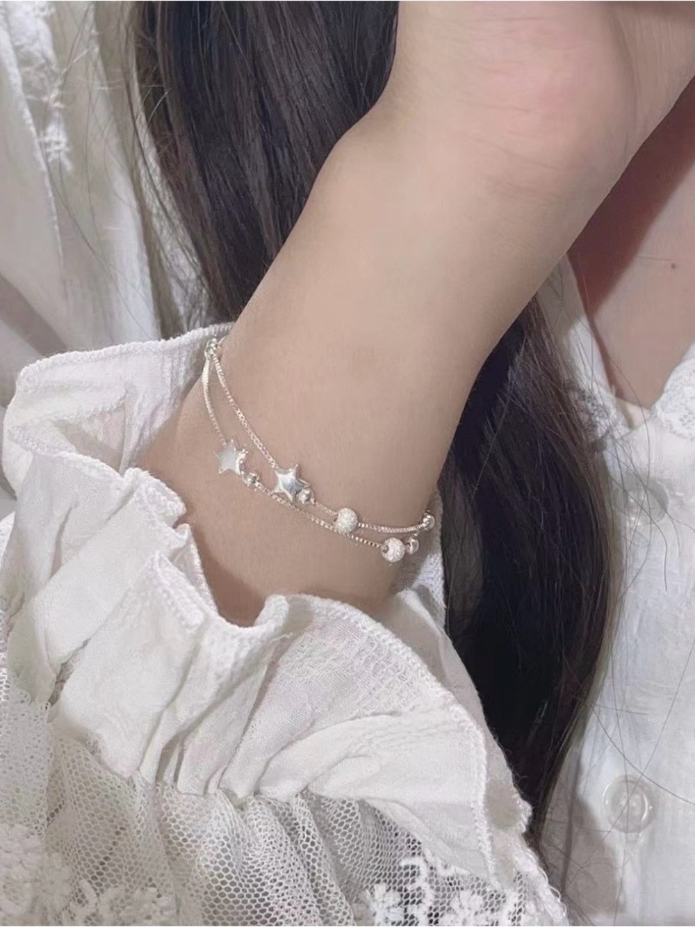 2383- Double Layer 925 Sterling Silver Bracelet With Star Charms And Round Beads